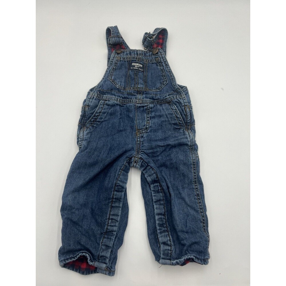 OshKosh B'gosh Baby Denim Overall red plaid Lined Button Pockets 12M fall